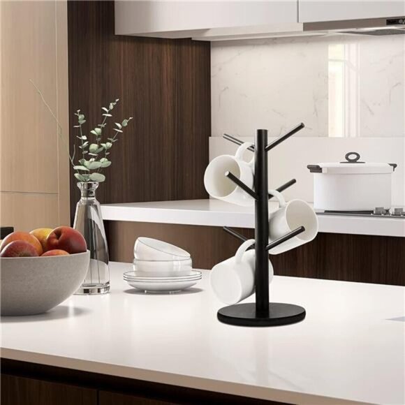 Black Wooden Mug Holder Tree Coffee Cup Stand with 6 Hooks Kitchen Counter Rack - Picture 3 of 7